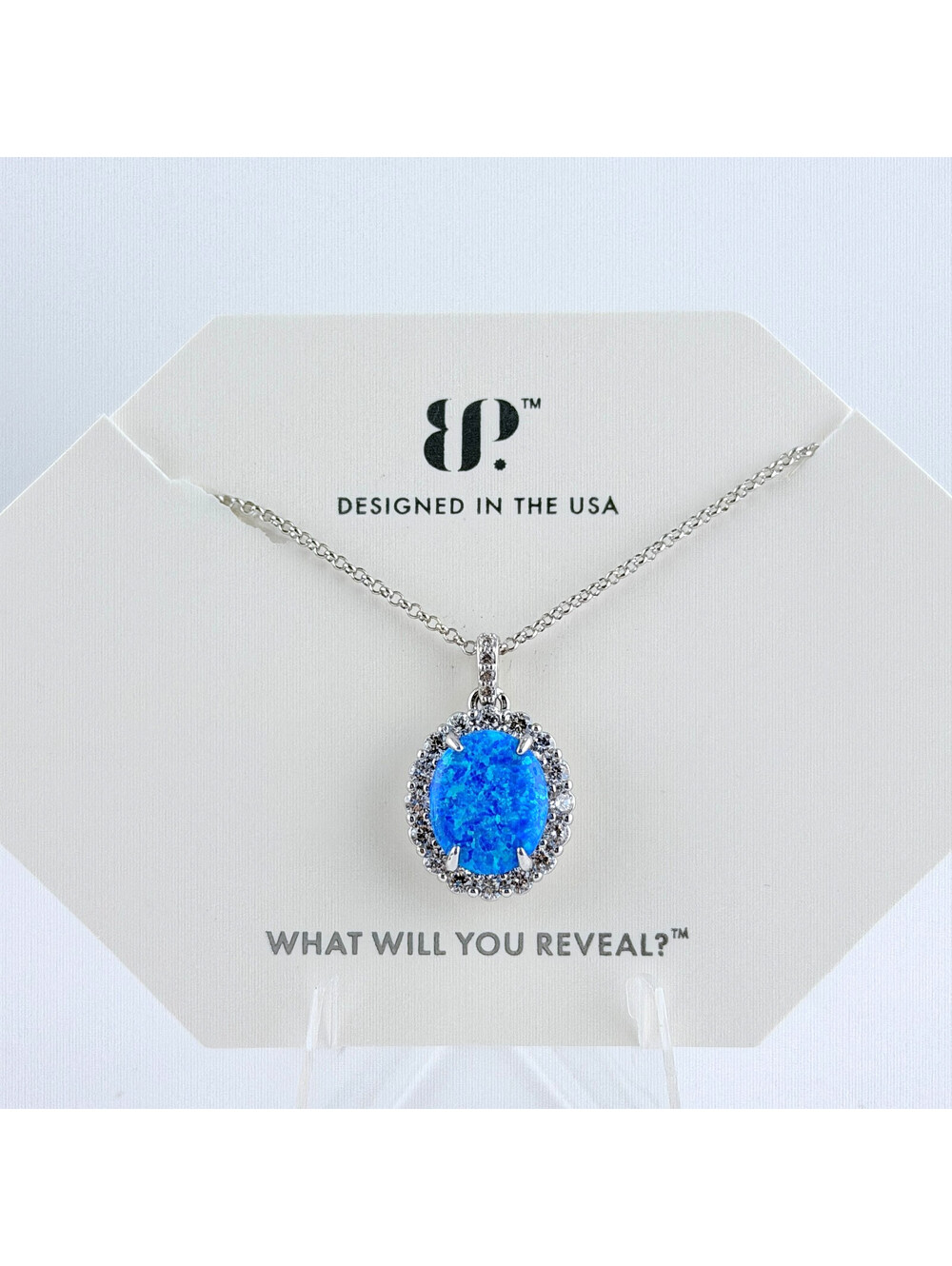 Bomb Party 2424 Necklace Azure Blue Fire Opal on Rhodium RETRO